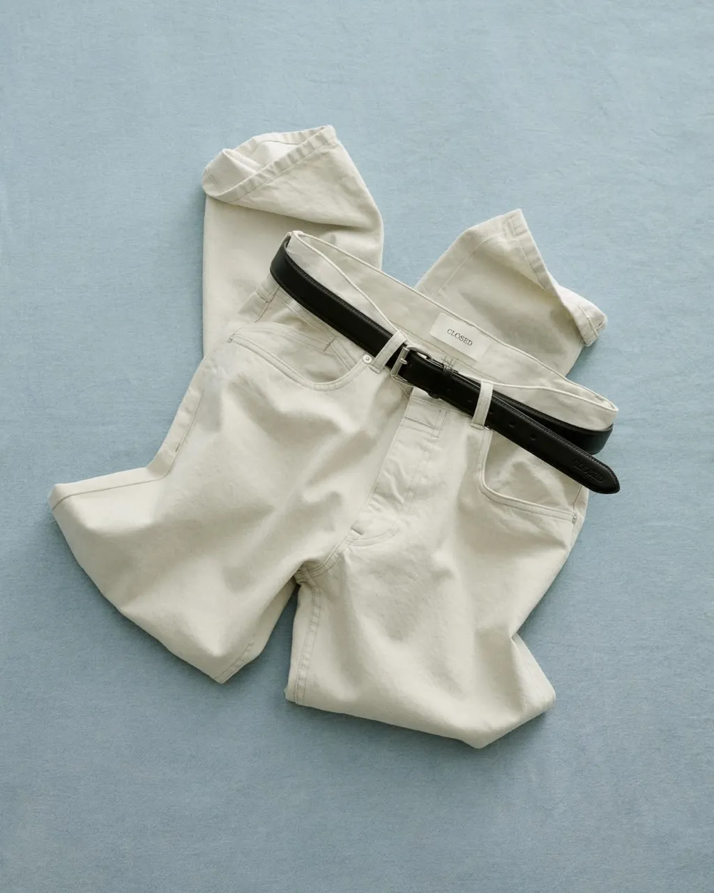 Cream Straight-Leg Jeans + Leather Belt
