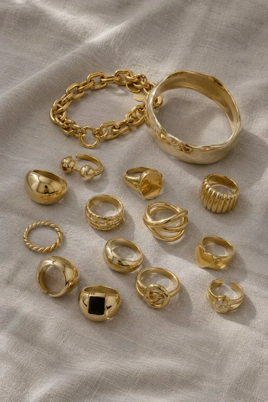 Gold-Tone Ring Set with Bangle & Chain Bracelet